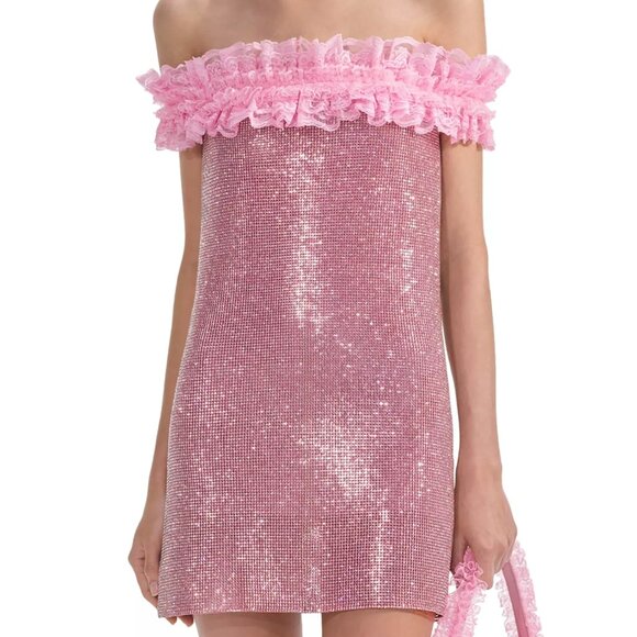 760$ Self-Portrait X Christopher Kane Crystal Fishnet Mini Dress Size 10 US Pink - Picture 3 of 4